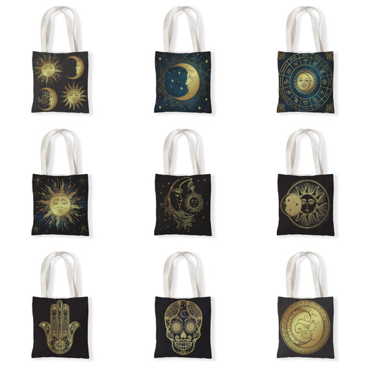 Women Fashion Black Moon Sun Pattern Printed Canvas Tote Bag