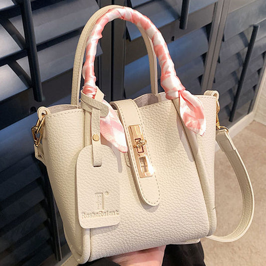 Women Simple Fashion Silk Scarf Decorative Lock PU Handle Shoulder Bag