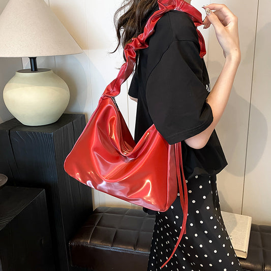Women Fashion Simple Pleated Big Capacity Solid Color Shoulder Bag