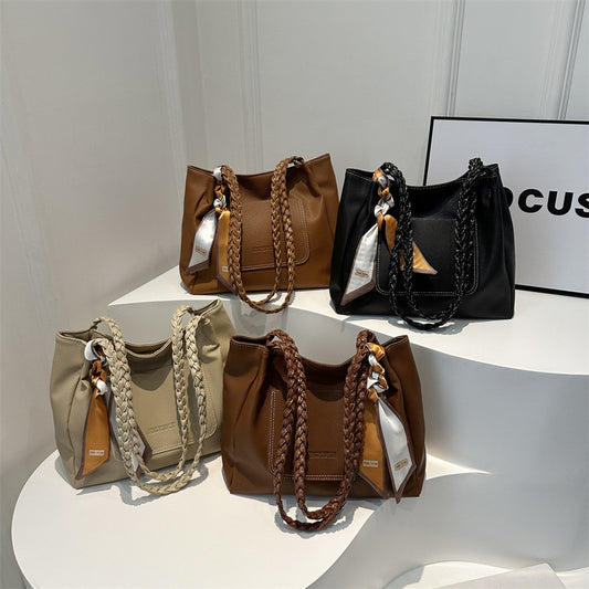 Women Fashionable Solid Color Silk Scarf Decorative Large Capacity PU Tote Bag