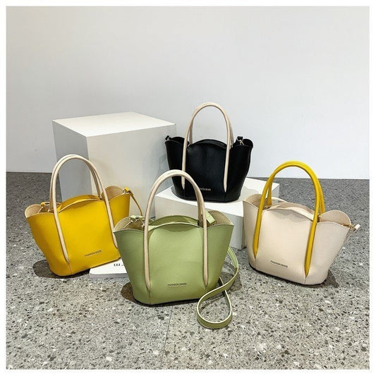 Women Fashion Solid Color Wavy Edge PU Handle Shoulder Bag