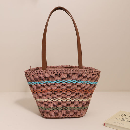 Sac fourre-tout tissé en paille à rayures multicolores pour femme, grande capacité, à la mode, pour les vacances