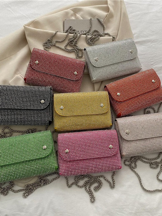 Women Fashion Square Flap Rhinestone Chain Crossbody Bag