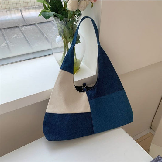 Women Fashion Casual Large Capacity Denim Color Blocking Clutch Shoulder Bag