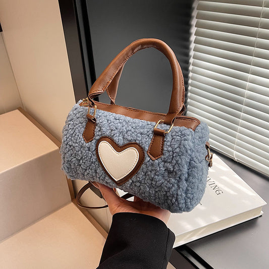 Women Fashion Casual Plush Heart Zipper Handbag