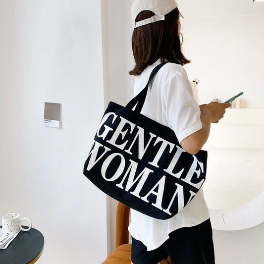 Women Fashion Casual Letter Pattern Solid Color Large Capacity Canvas Shoulder Bag
