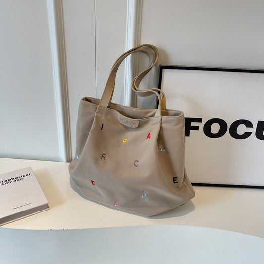 Women Fashionable Solid Color Large Capacity Letter Embroidered Canvas Tote Bag