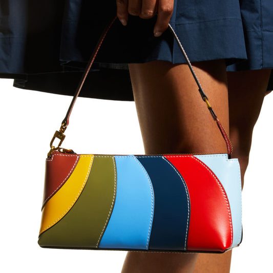 Women Fashion Casual PU Rainbow Stripe Color Blocking Clutch Bag