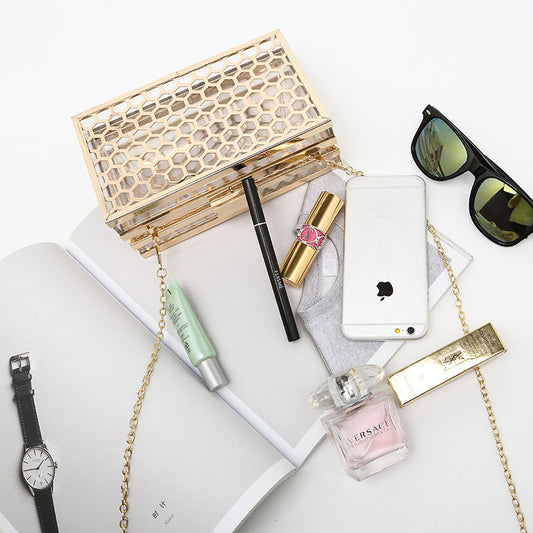 Women Personality Transparent Clear Acrylic Metal Honeycomb Chain Banquet Clutch Bag