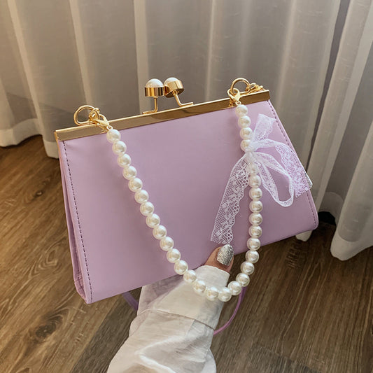Women Elegant Chic Pearl Chain Decorative Buckle Design Solid Color PU Underarm Bag