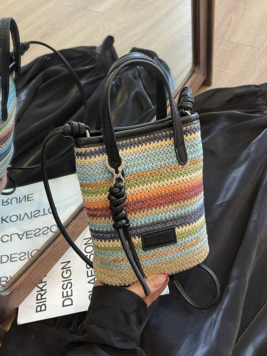 Sac à bandoulière en paille tissée pour téléphone portable, couleur contrastée, tendance, pour les vacances, pour femmes