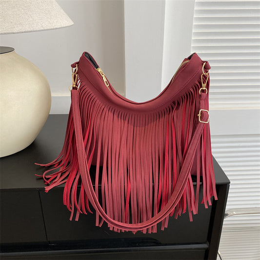 Women'S Fashionable Solid Color Tassel Large Capacity Shoulder Bag