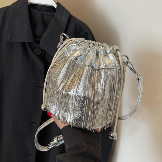 Women Fashion Casual Solid Color Tassels Bucket Shoulder Bag