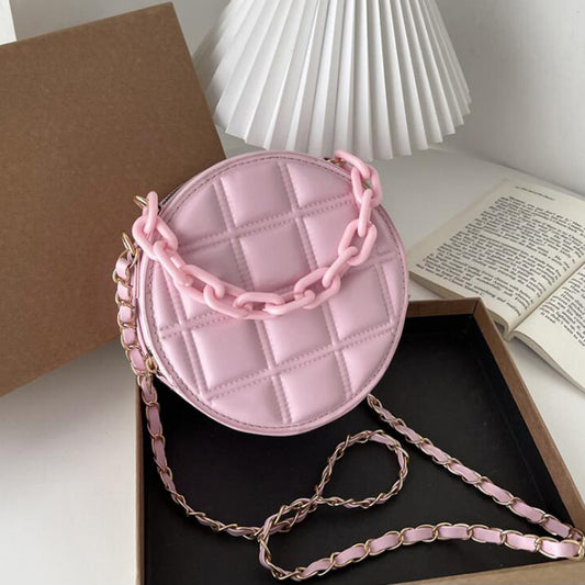 Sac à bandoulière rond en PU pour femme, joli sac à chaîne avec fermeture éclair, couleur unie, motif écossais gaufré