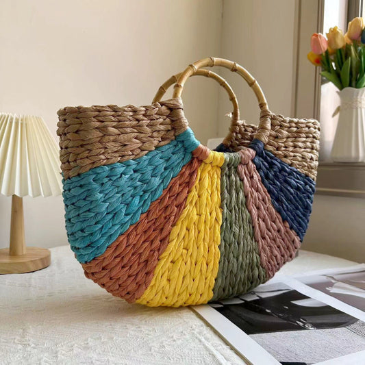 Sac à main en paille tressée semi-circulaire multicolore tendance