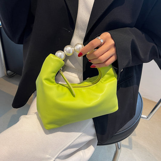 Women Chic Beaded Zipper Design Solid Color PU Handle Bag