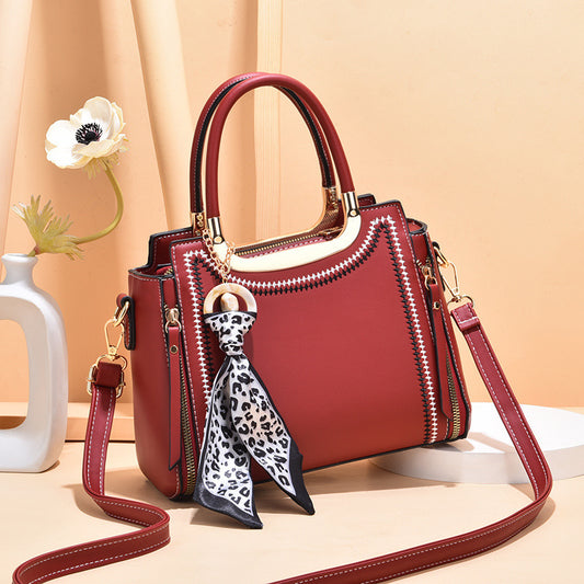 Women Fashionable Large Capacity Silk Scarf Decorative Zipper PU Handle Shoulder Bag