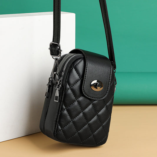 Women Fashionable Solid Color Rhombic Embroidery Clasp PU Crossbody Bag