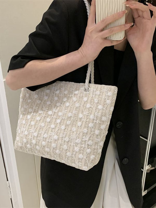 Sac fourre-tout décontracté en paille tissée et dentelle florale pour femme