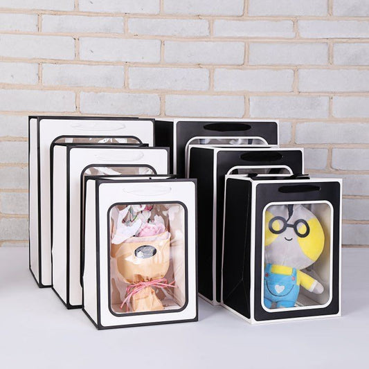 Sac d'emballage de gâteau cadeau en carton blanc simple avec fenêtre transparente et fleurs