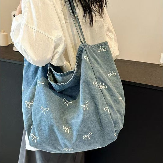 Fashionable Large Capacity Bow Print Bud Denim Tote Bag