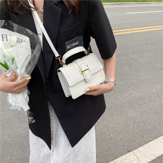 Women Fashion Solid Color Woven Rhomboid Flap PU Crossbody Bag