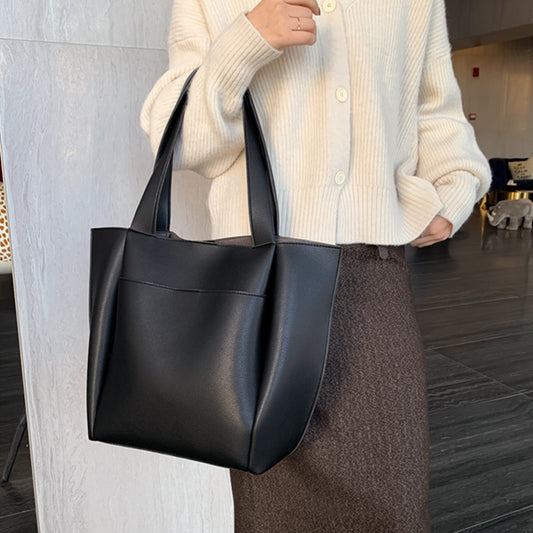 Women Fashion Basic Solid Color Large Capacity PU Shoulder Bag