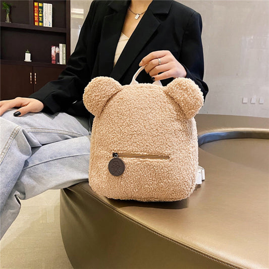 Women Cute Bear Shape Zipper Design Solid Color Plush Backpack