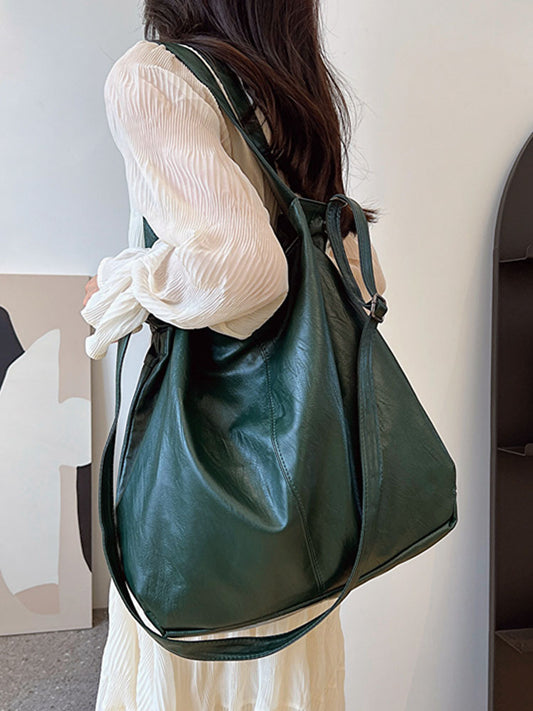 Women Fashion Retro Solid Color Large Capacity PU Tote Bag