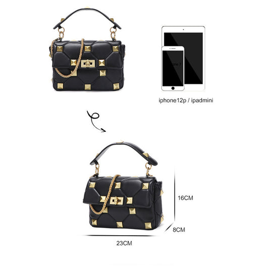 Women Chic Rivet Decoration Solid Color PU Handle Bag