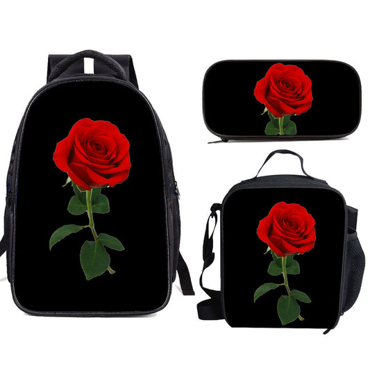 Women Fashion Valentine'S Day Rose Pattern Pencil Bag Meal Bag Backpack Set