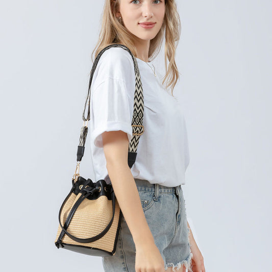 Women Bohemian Grass Woven Wide-Brimmed Jacquard Strap Drawstring Shoulder Bag