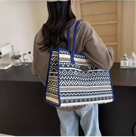 Women Fashion Casual Geometric Pattern Printed Large Capacity Canvas Tote Bag