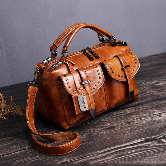 Women Fashion Retro Large Capacity Multi-Pocket Zipper Rivet PU Handle Shoulder Bag