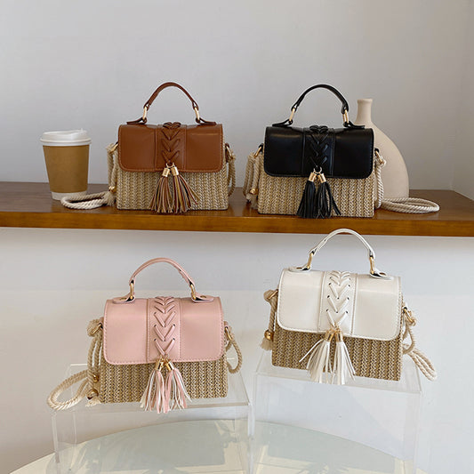 Sac à bandoulière en corde de chanvre tissé à pompon et paille pour femme