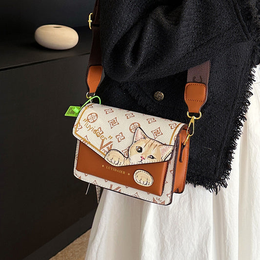 Sac à bandoulière carré à rabat imprimé chat pour femme