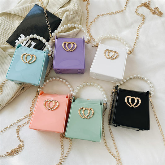 Sac à bandoulière carré en forme de cœur avec chaîne et perles pour femme