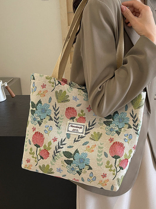 Women Fashion Casual Large Capacity Floral Printed Canvas Tote Bag