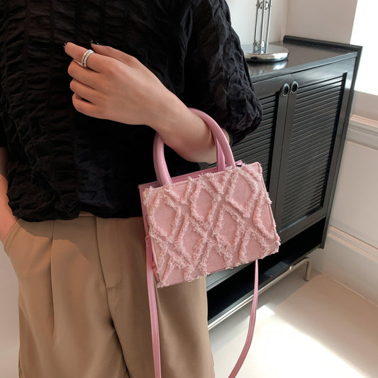 Women Fashion Solid Color Wool Rhombus Square Large Capacity Handle Crossbody Tote Bag