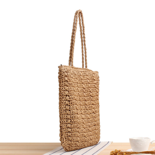 Sac à bandoulière carré vertical en paille tissée pour femme, style rétro, idéal pour les vacances