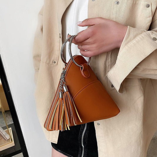 Women Creative Tassel Hoop Decoration Triangle Shape PU Handle Bag