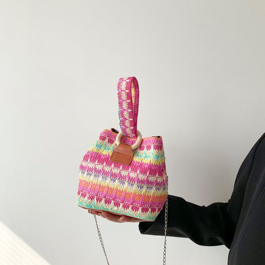 Sac seau en paille multicolore rétro pour femme