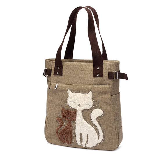 Fashion Ladies Rhinestone Cat Print Shoulder Canvas Bag