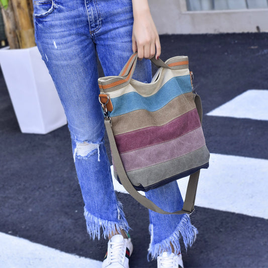 Women Fashion Casual Stripe Color Blocking Large Capacity Handheld One Shoulder Canvas Bag