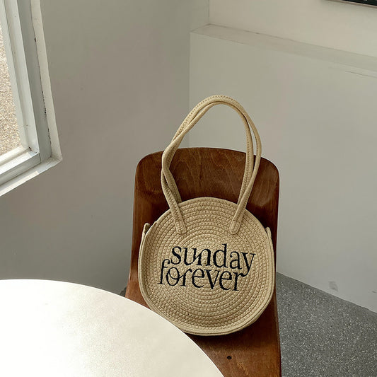 Fashion Vacation Round Shape Sunday Forever Letter Straw Woven Shoulder Bag