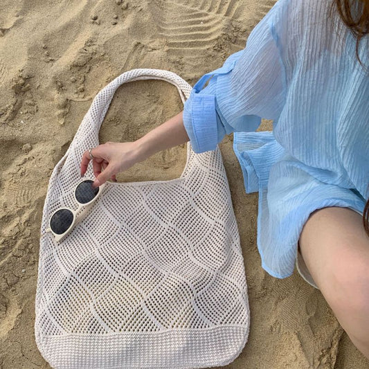 Women Fashion Vintage Vacation Beach Hollow Woven Handle Shoulder Bag
