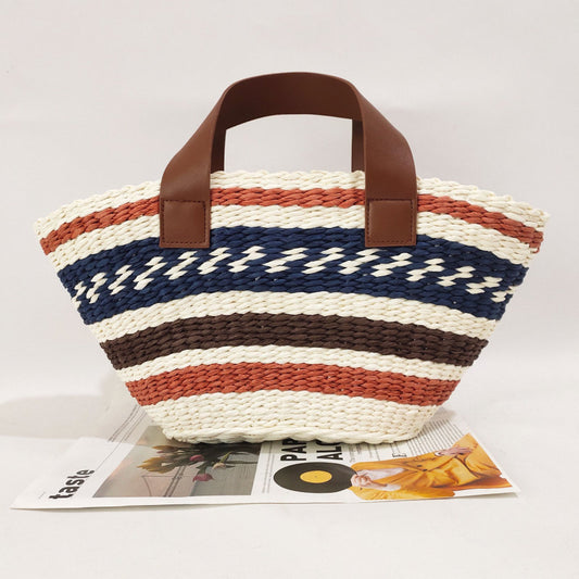 Women Fashion Bohemian Straw Bag Contrast Color Stripe Large Capacity Handbag