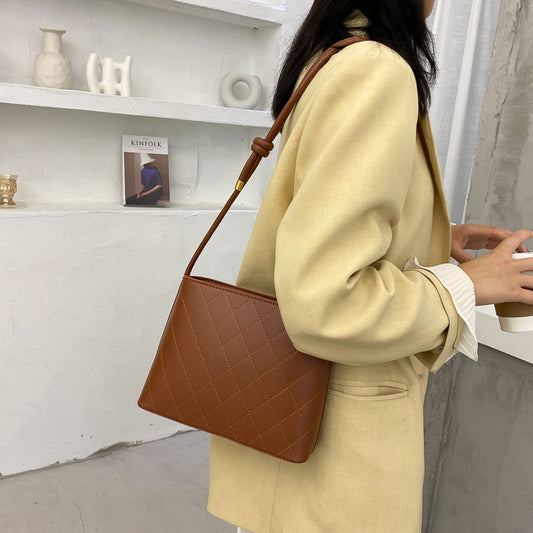 Women Fashion Basic Diamond Stitching Large Capacity Square PU Shoulder Bag