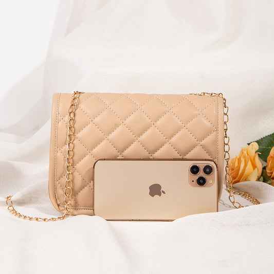 Women Fashion Simple Solid Color Metal Buckle Flap Quilted Square Chain Crossbody Bag