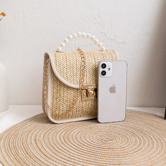 Women Fashion Casual Pearl Woven Metal Buckle Flap Chain Crossbody Bag